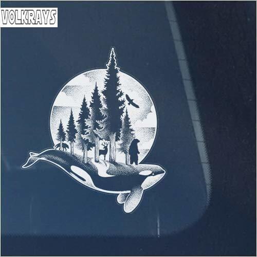 Volkrays Personality Car Sticker Bear, Wolf, Deer and Ocra Whale In with Trees Accessories Reflective Vinyl Decal ,16cm*12cm