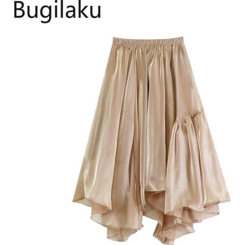 Bugilaku High Waist Skirt Women Autumn New Elegant Temperament Irregular A Line Skirts Solid Color Korean Fashion Faldas Mujer
