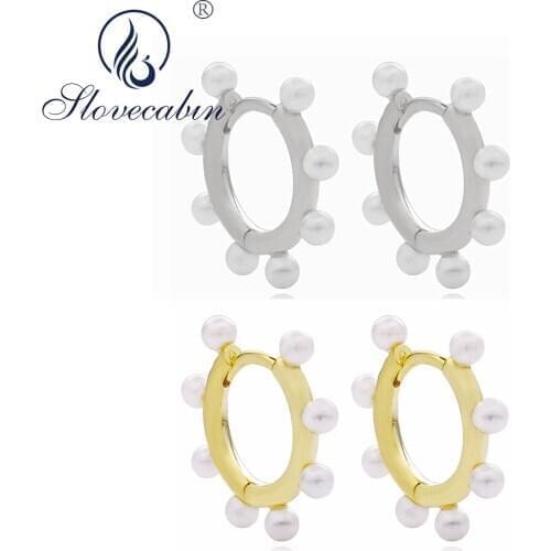 Slovecabin Statement 925 Sterling Silver Pearl Hoop Earrings For Women Circle Femme Earrings Gold Color Fine Jewelry Women Gift
