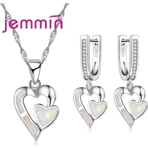 Women Girls Rainbow Fire Opal Necklace Earrings Set Elegant Heart Brand Jewelry High Quality 925 Sterling Silver Jewelry