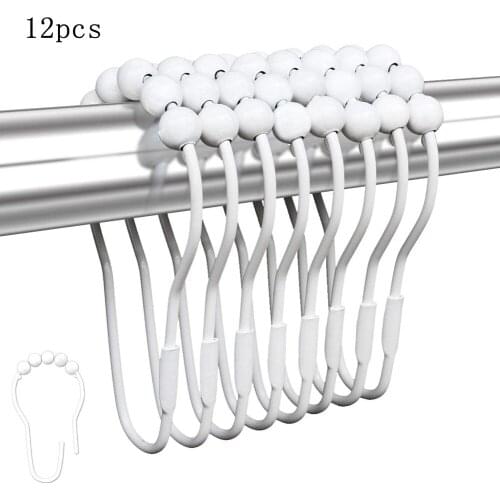 12Pcs Curtain Hooks Solid-Color Shower Curtain Hanging Ring with Metal Bearing Balls for Bathroom, Washroom, Living Room