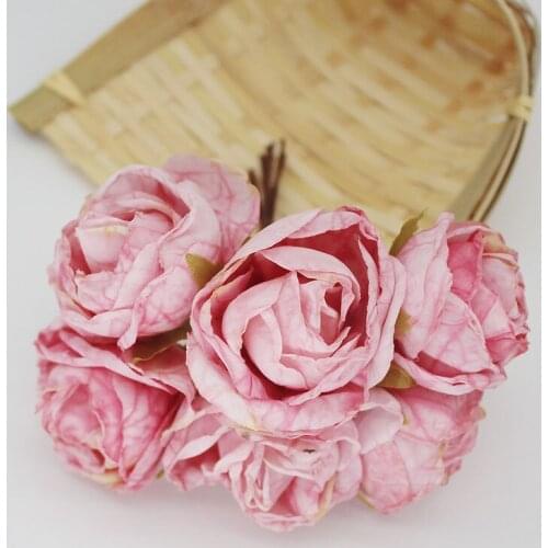 6 Heads Tea Rose Artificial Flowers Bud Diy Wreath Headdress Accessories Gift Box Decoration Material Rose Silk Flower