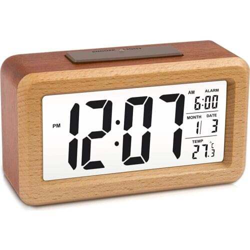 Wooden Large LED Digital Alarm Clock, Smart Sensor Night Light with Snooze, Date, Temperature, 12/24Hr Switchable