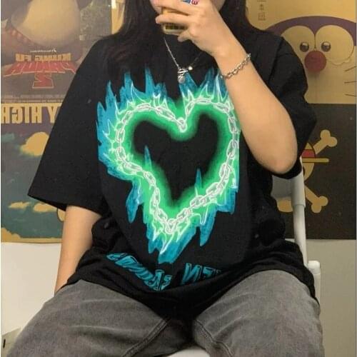 Pure cotton Shirts oversized T-shirt y2k female love letter printing Korean loose crop top clothes t shirt women short-sleeved