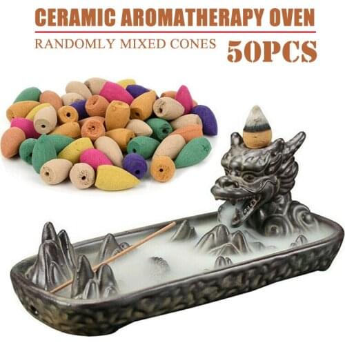 Ceramic Backflow Waterfall Smoke Incense Burner Dragon Boat + 50pcs Free Cones Decor 16.8*8*6.8cm
