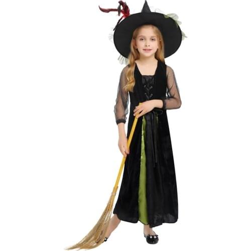 Hot Selling New Halloween Childrens Costume Costume Girl Green Feather Witch Cosplay Costume Halloween Masquerade Carnival