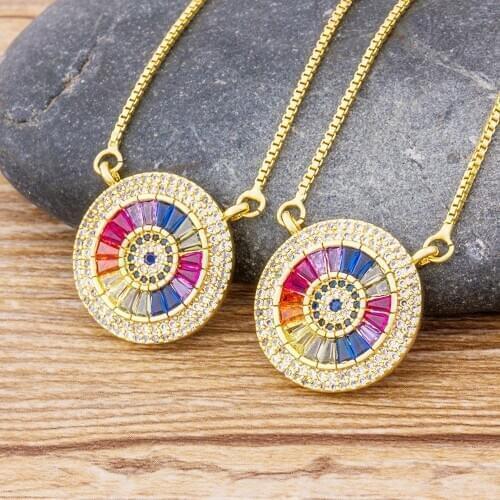Fashion Rainbow CZ Round Necklace Multicolor Pendants Charm Gold Color Jewelry Chain Choker Necklace For Women Birthday Gift