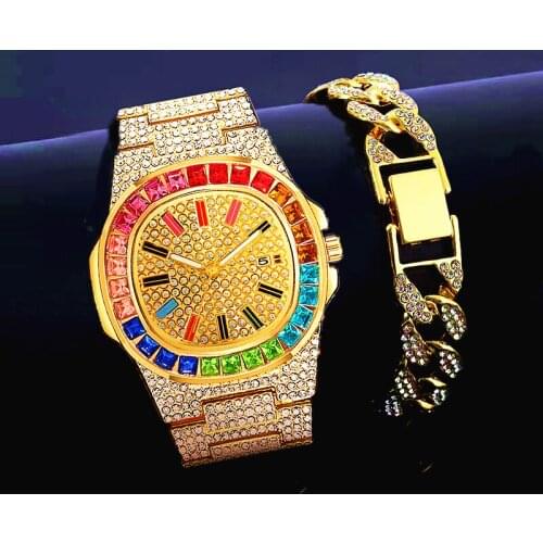 Fashion Bracelet + Watches for Men Women Luxury Binged Iced Out Watch Men Gold Cuban Chain Watch Mens Gift Set Relogio Masculino