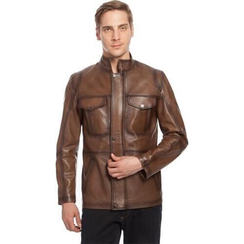 Genuine Soft Leather Handmade Brown Man Jacket Fur Parka High Quality Lambskin Metal Zipper For Winter Gift For Valentines Day