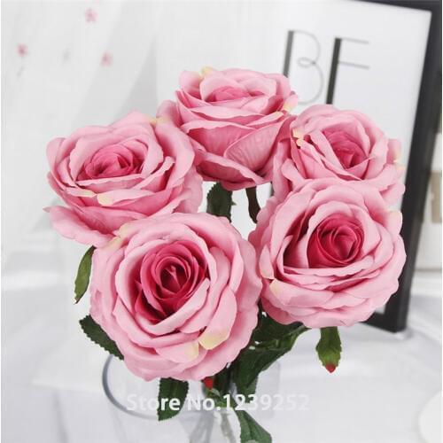 New 5Pcs/lot Big Artificial Rose Flower Bouquet Decorative Flowers Wedding Home DIY Decoration Flowers Bouquet fake flowers