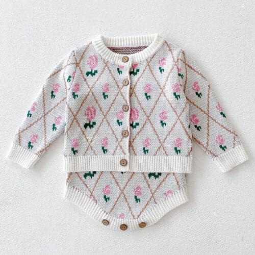 Autumn Winter Infant Baby Girls Knitting Clothes Suit Flower Cardigan Sweater+Rompers Toddler Baby Girls Clothing Set