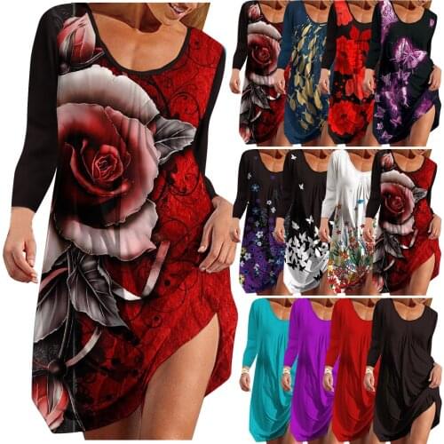 Women Solid Sundress Long Sleeve Round Neck ​Dress Boho Casual Party Dress Casual Floral Print Long Sleeve Empire Basic Dress3XL
