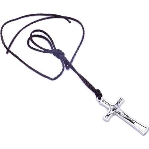 Retro Rope Jesus Cross Necklace Pendant Jewelry for Men Women Catholic Religious U2JC