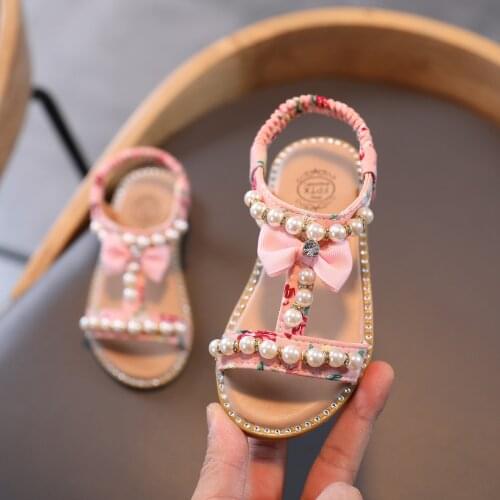 TELOTUNY Sandals 2021 Summer New Girls' Sandals Kids Baby Girls Bowknot Pearl Crystal Princess Shoes Soft Soled Beach Shoes