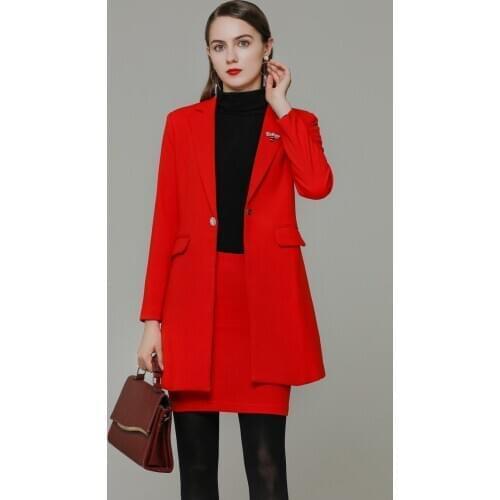 High Quality Fabric Warm Winter Formal Women Business Suits with Skirt and Middle Long Windbreaker OL Styles Ladies Blazers Set