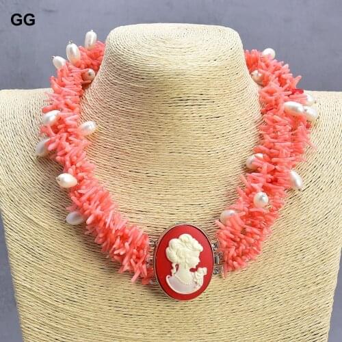 GuaiGuai Jewelry 18" 5 Strands Natural White Rice Pearl Pink Coral Chips Chokers Necklace For Women
