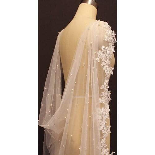 Pearls Lace Long Wedding Cape 250CM White Ivory Wedding Bolero with Lace Pearls Bridal Cape for Wedding Dresses
