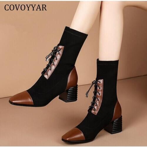 COVOYYAR Med Heel Sock Boots Women 2021 Autumn Winter Women Shoes Stretch Booties Lady Pumps Size 40 WBS4071