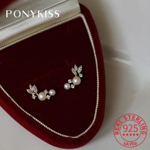 PONYKISS Real 925 Sterling Silver Feather Wings Pearl Zircon 14K Gold Stud Earrings For Women Romantic Fine Jewlry Drop Shipping