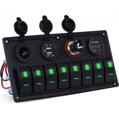 12V/24V 8 gang switch PanelCar Marine Waterproof 5 Pin Boat Rocker Switch Panel with Fuse Dual USB LED Light + Power Socket