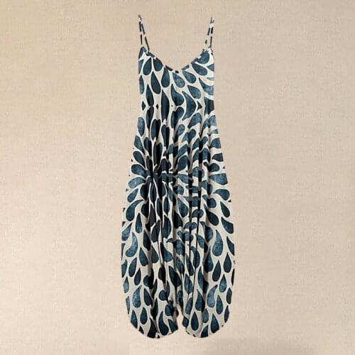 2021 Summer Navy Beige Water Drop Print Sleeveless Rompers Vintage Adjustable Loose Wide Leg Women Jumpsuit