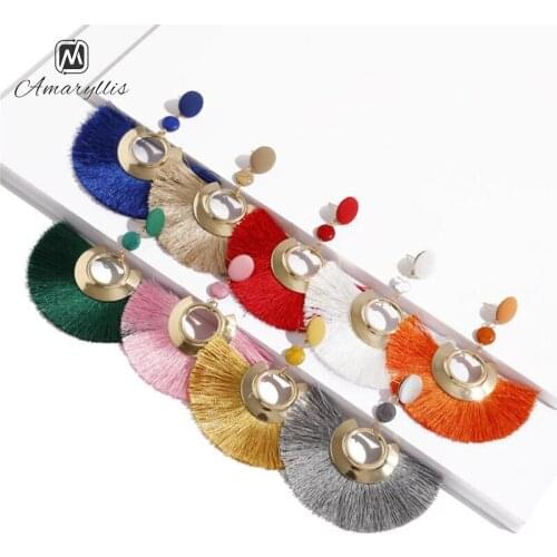 Amaiyllis Bohemia Fan Shaped Tassel Fringe Earrings For Women Ethnic Geometric Statement Stud Earrings Large Pendant Earrings