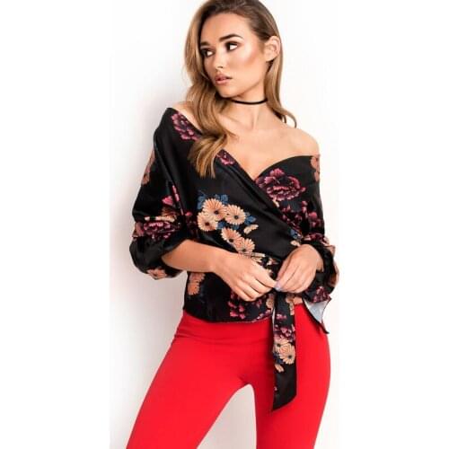 Boho XL Floral Print Women Wrap Chiffon Blouses Shirt Tie Waist Peplum Crop Tops Lantern Sleeves Shirts Lady Loose Holiday Tops