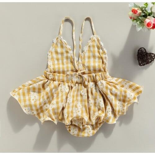 Cute Infant Baby Girl Halter Bodysuit Dress Yellow Plaids Floral Sleeveless Tutu Bodysuit Dress Summer Toddler Baby Clothes 0-2Y