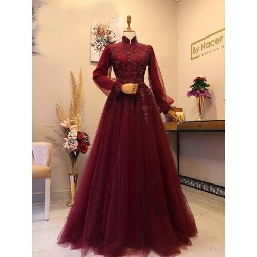 Burgundy Long Sleeve Muslim Prom Dresses 2021 Appliques Evening Gowns High Neck A Line Tulle Beaded Formal Party Dress Robe
