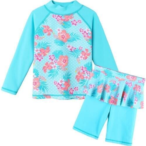 BAOHULU Cyan Print Kids Swimwear for Girls UPF50+ Long Sleeve 2pcs Girls' Swimsuit Baby Bathing Suit Beach Wear Surfing Suits