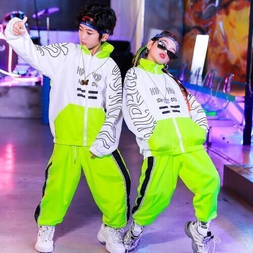 ChildrenS Hip-Hop Dance Costuems For Kids Fluorescent Green White Jacket Hiphop Suit Jazz Street Dance Outfits Girls DQS5936