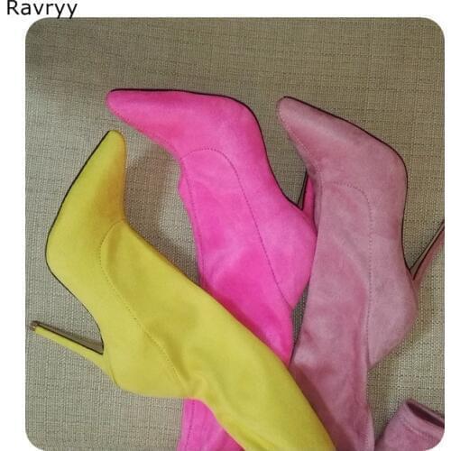 Candy Color Elastic womans long boots suede leather pointed toe thin heel autumn over-the-knee boot party club female shoes