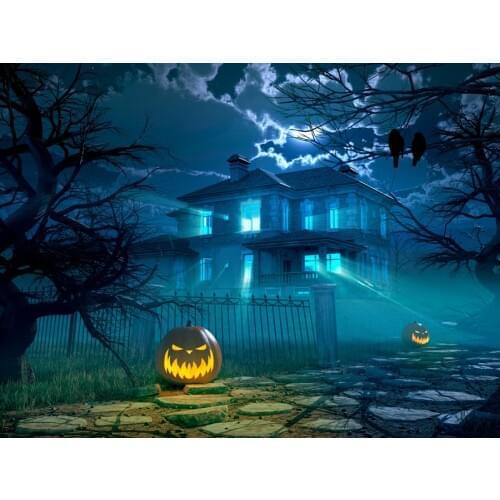VinylBDS Blue Halloween Photography Scenic Backdrops Pumpkin Background Brick Floor Castle Studio Photography