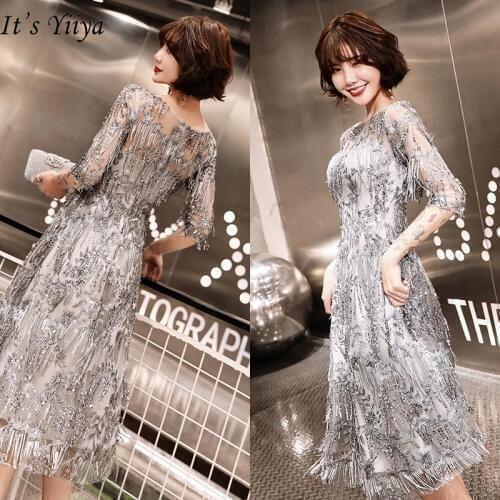 Its YiiYa Cocktail Dress 2019 Sexy Sequins Tassel O-neck Party Dress Half Sleeve Tea Length Elegant Robe Cocktail E366