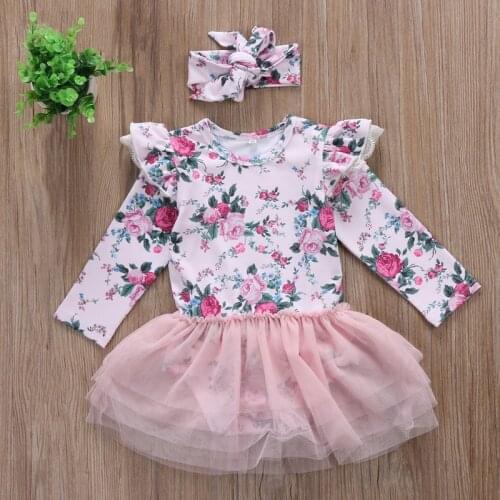 Cute Girls Party A-line Dress Princess Clothing Toddler Infant Baby Girls Outfit Floral Lace Romper Headband Set Clothes