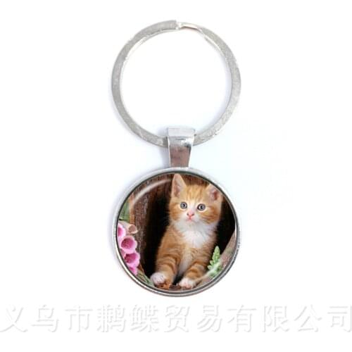 Lovely Cat Keychain Round 25mm Glass Cabochon Animal Handmade Pendant Key Rings Holder Creative Halloween Gift Wholesale