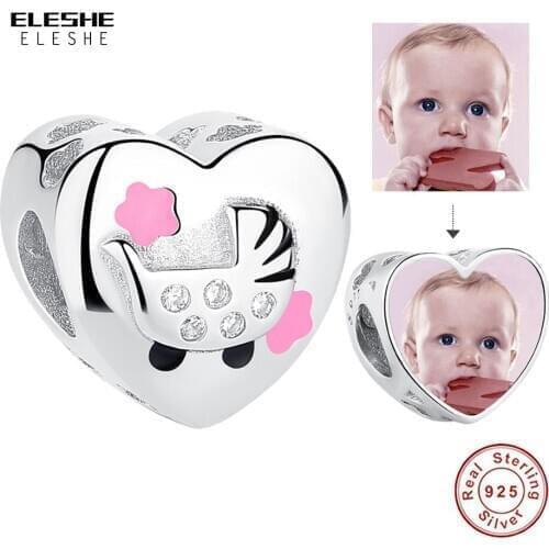 Fashion Baby Carriage Crystal Beads 925 Sterling Silver Heart Photo Charm Fit Original Charm Bracelets Personalized DIY Jewelry