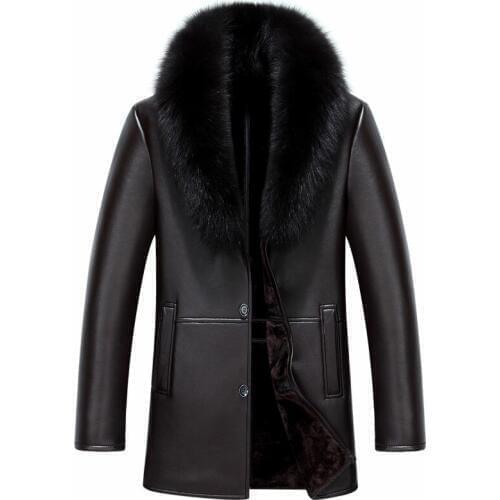 Men Coffe Black Leather Jacket Winter Minus 30.Full Warm Fur Men Coat Removable Fox Fur Collar Slim Size Men Jacket YYJ1