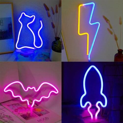 Desktop LED Neon Light Cat Bolt Bat Rocket Wall Art Sign Lamp Festival Party Atmosphere Bar Ornaments Night Light for Home Decor