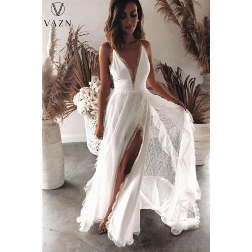 VAZN 2021 New White Fresh High-end Holiday Sexy Chiffon Sweet Ball Gown Dress Spaghetti Strap Women High Waist Maxi Dress