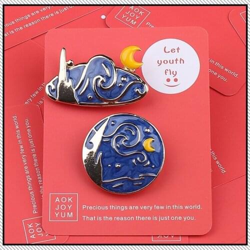 Novelty Van Gogh Starry Night Painting Enamel Pin Aesthetic Sun Moon Abstract Art Cute Brooch Denim Shirt Badge Gift for Friends
