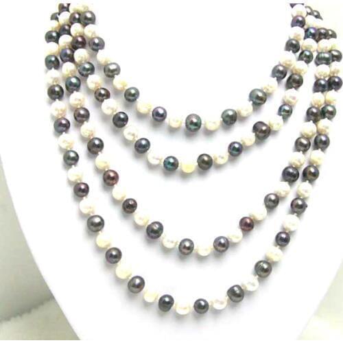 Qingmos Fashion Natural Freshwater White and Black Pearl Necklace for Woman with 8-9mm Round Pearl 80" Long Necklace Jewelry