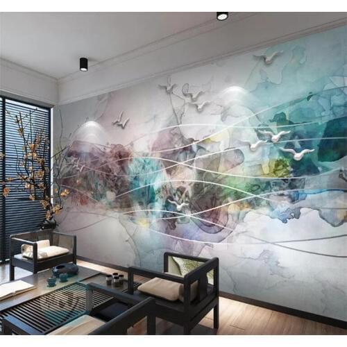 Custom Wallpaper Chinese Style Abstract Decorative Painting Ink Landscape Birds TV Wall Background mural 3d wallpaper