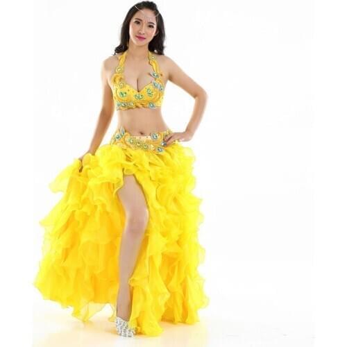 Professional Egyptian Bellydance Costume Set Rhinestone Bra B/C Cup Wave Skirt Egypt Belly Dance Outfits