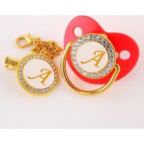 0-12 Month Luxury Unique Red Initial Letter A BlingBling Baby Pacifier with Clip Chupete de bebe Unique Gift For Newborn Shower