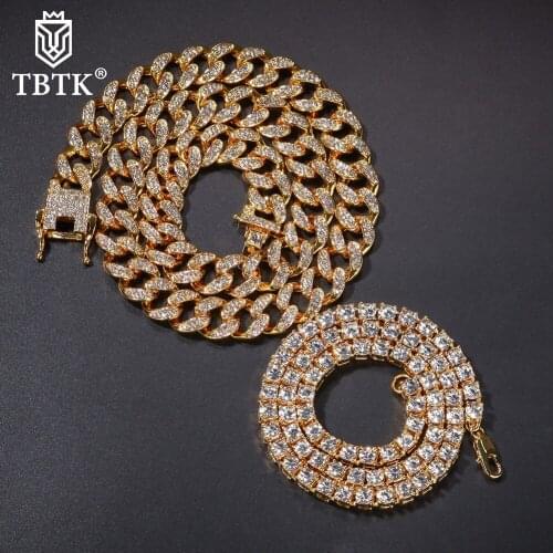 TBTK 13mm Miami Cuban Link Chain & 5mm Tennis Chain Full Iced Out Rhinestones Bling Bling Hiphop Jewelry Dropshipping