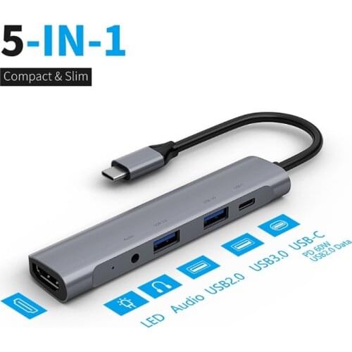 USB Type C Docking Station 5 in1 Hub 60W USB2.0 3.0 4K HDMI-Compatible Interface for MacBook Pro Air and More