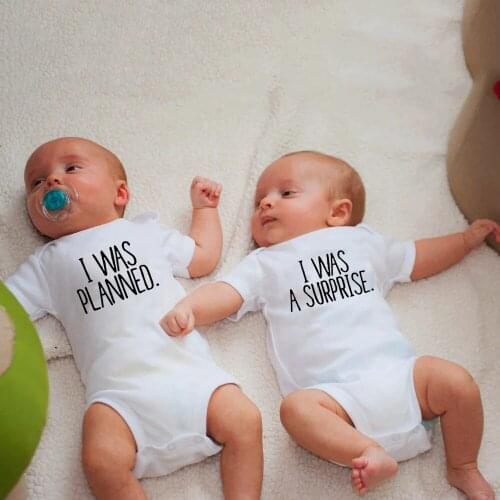 I Was Planned and I Was a Surprise Twins Newborn Baby Boys Girls Bodysuits Letter Print Short Sleeve Playsuits Outfits Clothes
