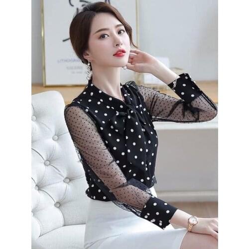 Womens Spring Summer Blouses Style Chiffon Shirt Womens Bow Printed V-Neck Long Sleeve Casual Tops SP202