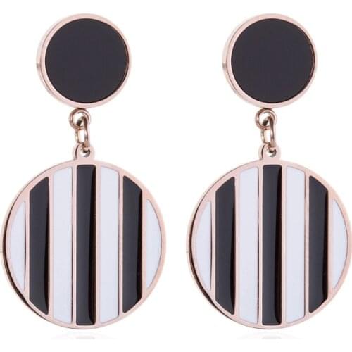 316L Stainless Steel Rose Gold Roman Numerals Round Pendant Black Square Titanium Steel Womens Long Earrings No Fade